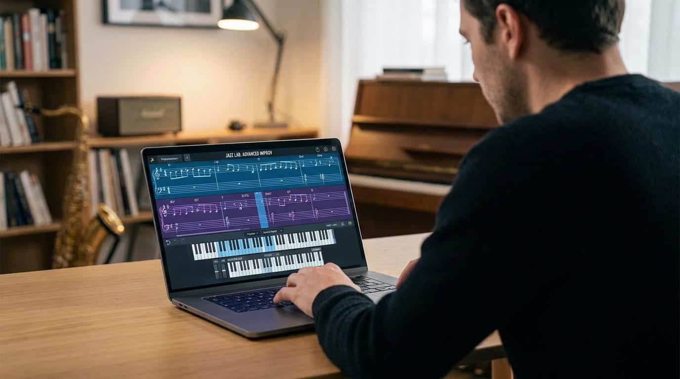 Apprendre l’improvisation jazz en ligne Un musicien utilise un logiciel de composition sur ordinateur portable pour apprendre l'improvisation jazz.