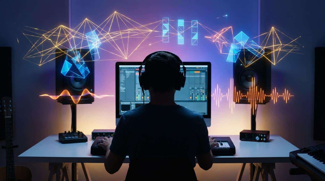 MaĂ®triser l’harmonie musicale en MAO Un beatmaker devant son ordinateur entourĂ© de visualisations 3D holographiques de frĂ©quences sonores et de rĂ©seaux.