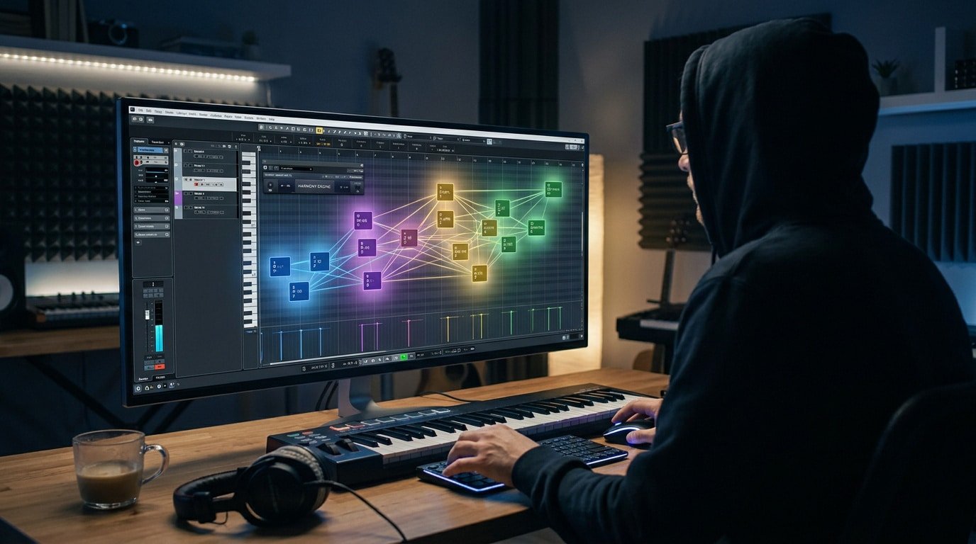 Créer des accords riches en MAO sans solfège Un producteur travaillant sur un logiciel de musique avec une interface visuelle colorée sur son écran.