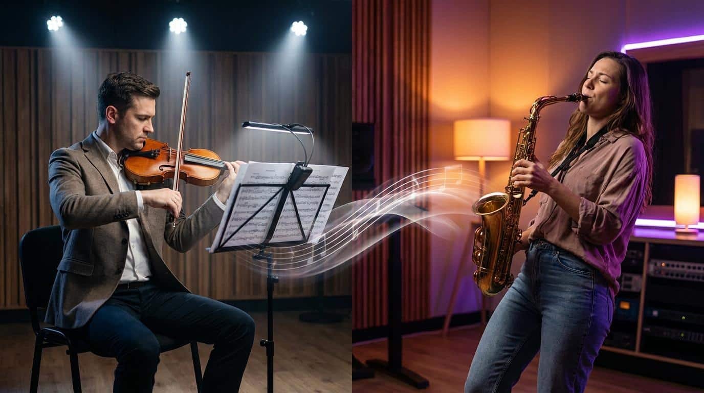 Improvisation vs Interprétation musicale Un violoniste lisant une partition à gauche et une saxophoniste improvisant à droite, reliés par des ondes musicales.