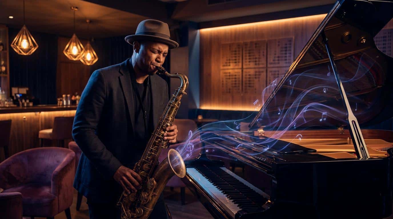 MaĂ®triser l’improvisation jazz Un saxophoniste portant un chapeau joue devant un piano Ă queue dans un club de jazz avec des notes de musique flottantes.