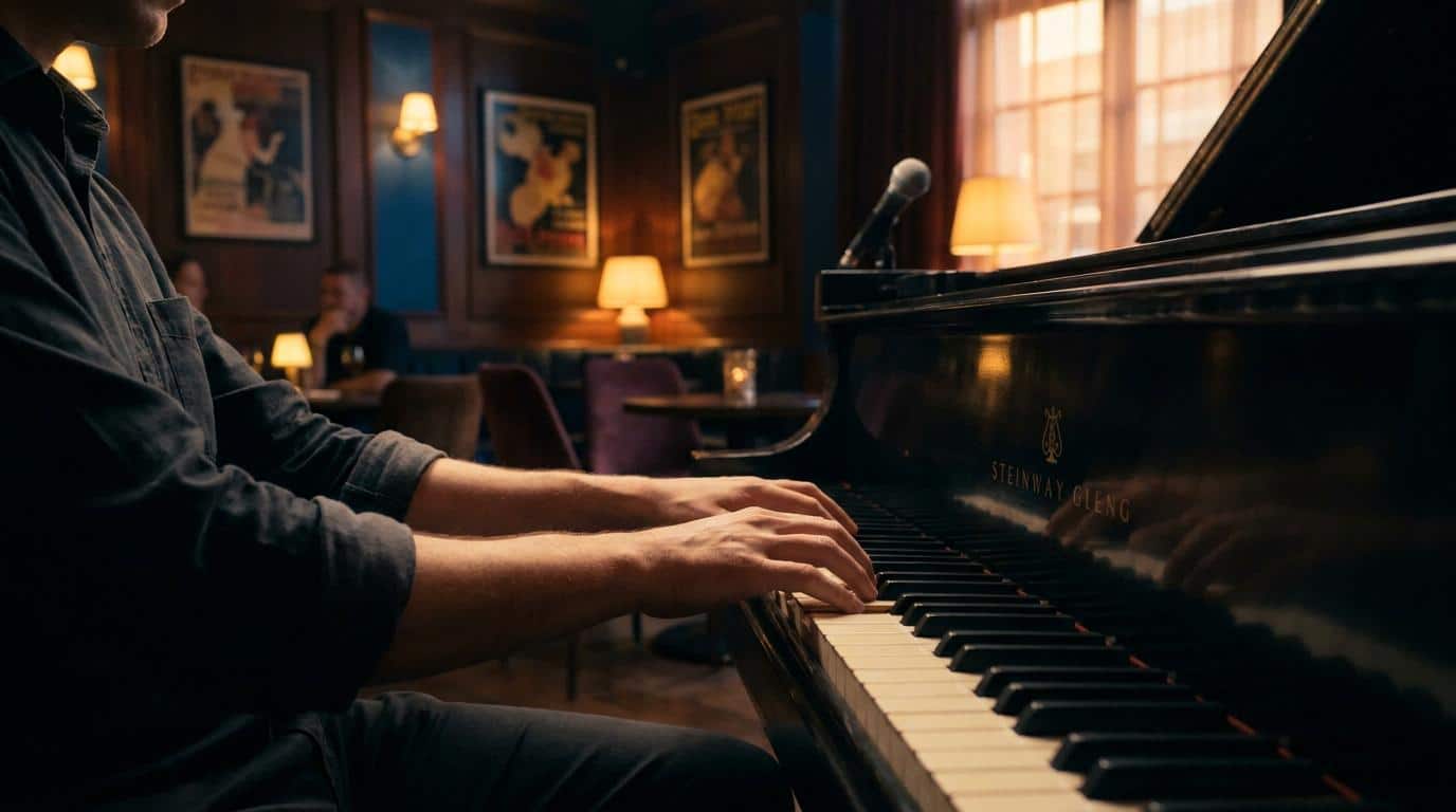 Apprendre l’improvisation au piano jazz Gros plan sur les mains d'un pianiste jouant sur un piano Ă queue dans une ambiance de club de jazz tamisĂ©e.