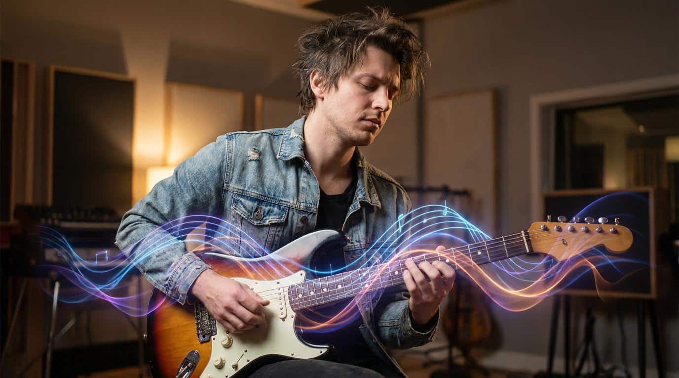 L’improvisation : libĂ©rez votre crĂ©ativitĂ© musicale Un guitariste concentrĂ© jouant d'une guitare Ă©lectrique entourĂ©e d'effets visuels lumineux reprĂ©sentant des notes.