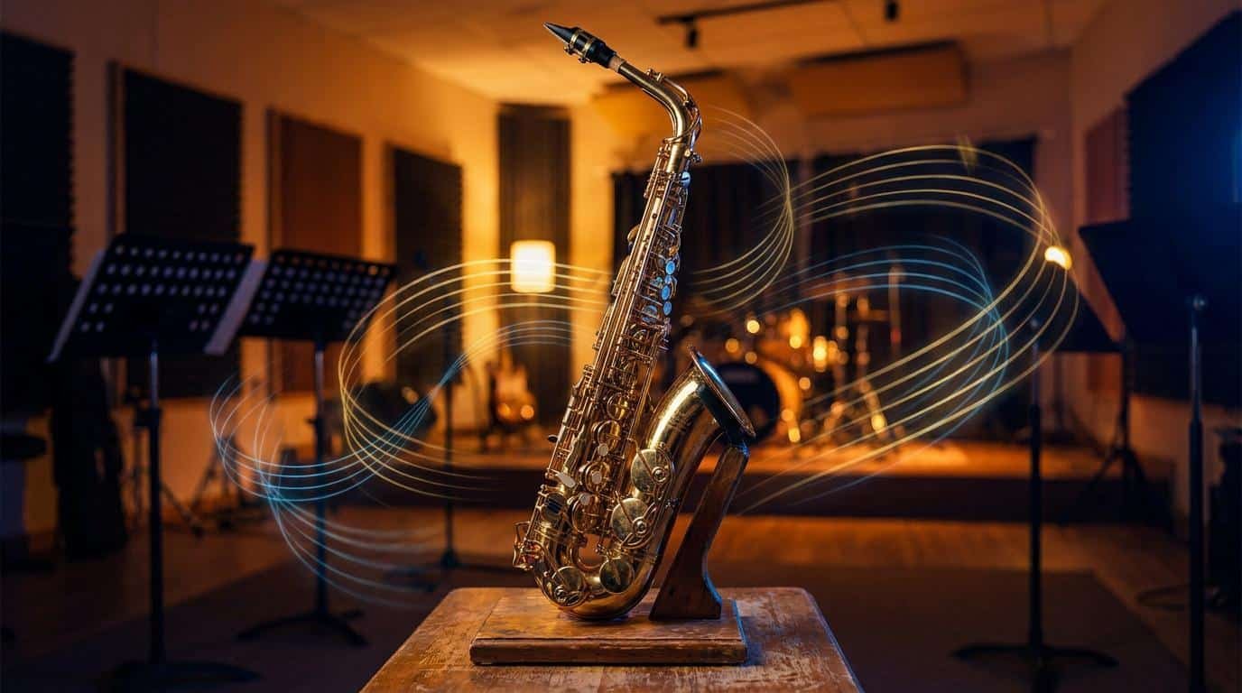 Improvisation au saxophone et gammes pentatoniques Un saxophone alto doré posé sur une table dans un studio de répétition, entouré de traînées lumineuses abstraites.