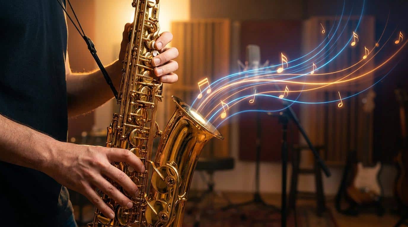 Improvisation au saxophone alto : 3 exercices clés Gros plan sur un saxophoniste jouant avec des notes de musique lumineuses s'échappant de l'instrument en studio.