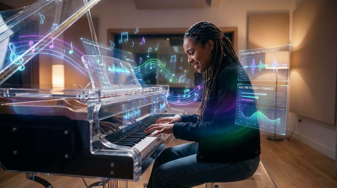 L’apprentissage du piano boosté par l’IA Une pianiste jouant sur un piano transparent avec des interfaces holographiques affichant des données musicales en temps réel.