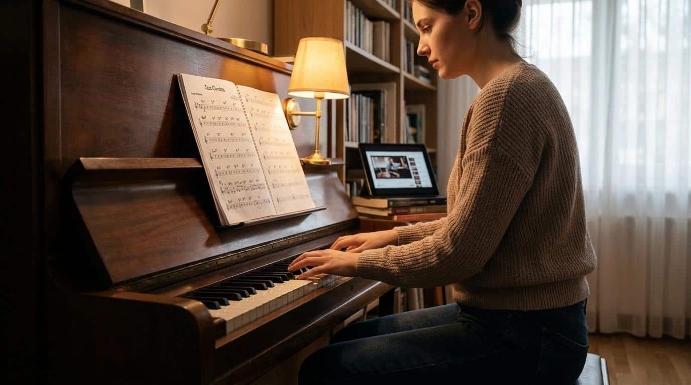 Apprendre le piano jazz en autodidacte Une jeune femme joue du piano jazz chez elle, avec des partitions et une tablette pour s'aider dans son apprentissage.