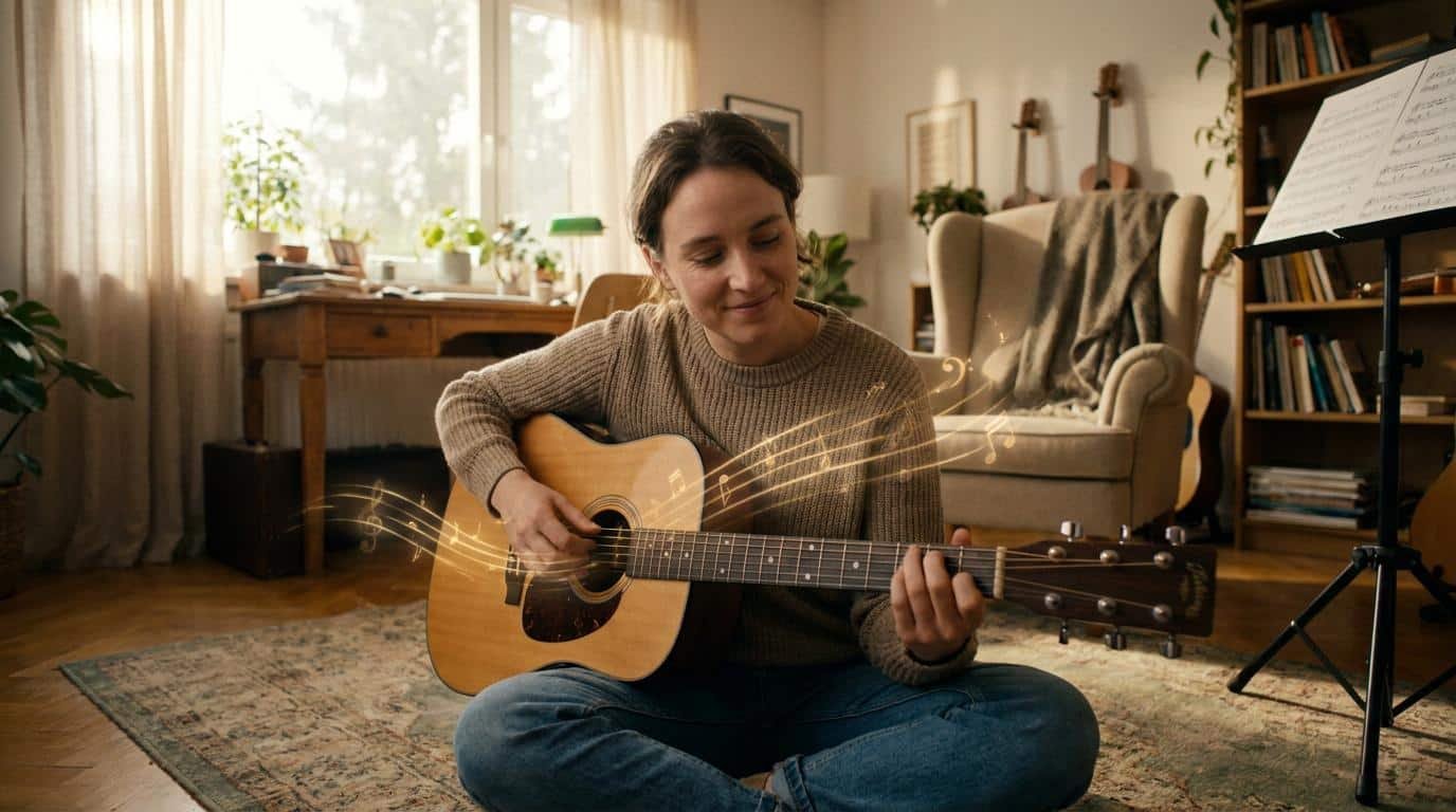 Débuter l’improvisation à la guitare Une femme souriante joue de la guitare acoustique dans un salon chaleureux avec des notes de musique flottantes.