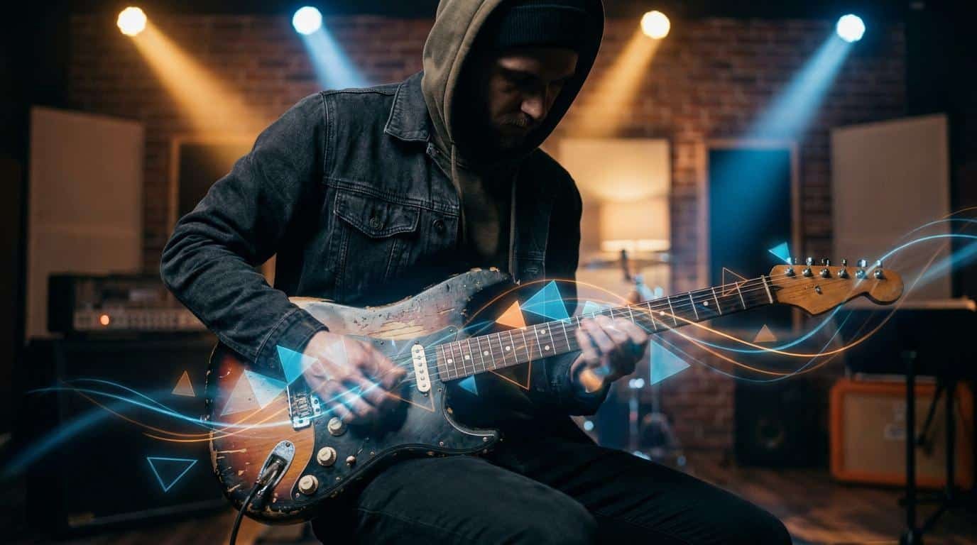 Dynamisez vos solos avec les triades Un guitariste en studio joue une guitare électrique avec des effets visuels de triades lumineuses autour des cordes.