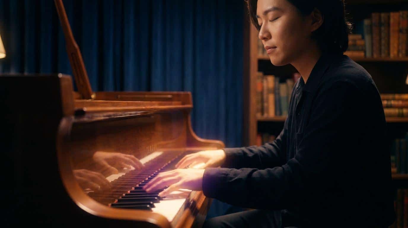Maîtriser l’improvisation au piano Un pianiste concentré joue du piano à queue dans une pièce sombre avec une bibliothèque en arrière-plan.