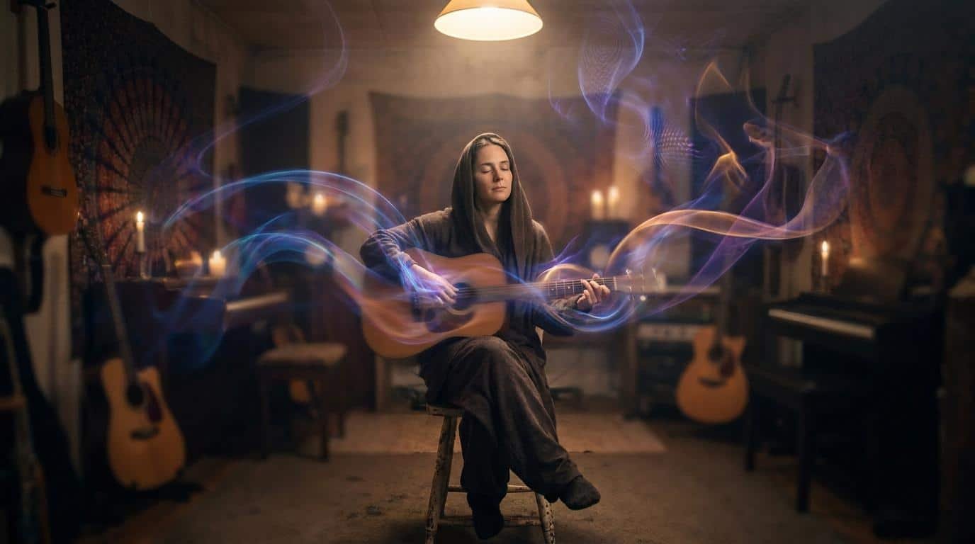 L’éveil musical de l’improvisateur Musicien avec une guitare acoustique entouré de volutes lumineuses dans un studio chaleureux.