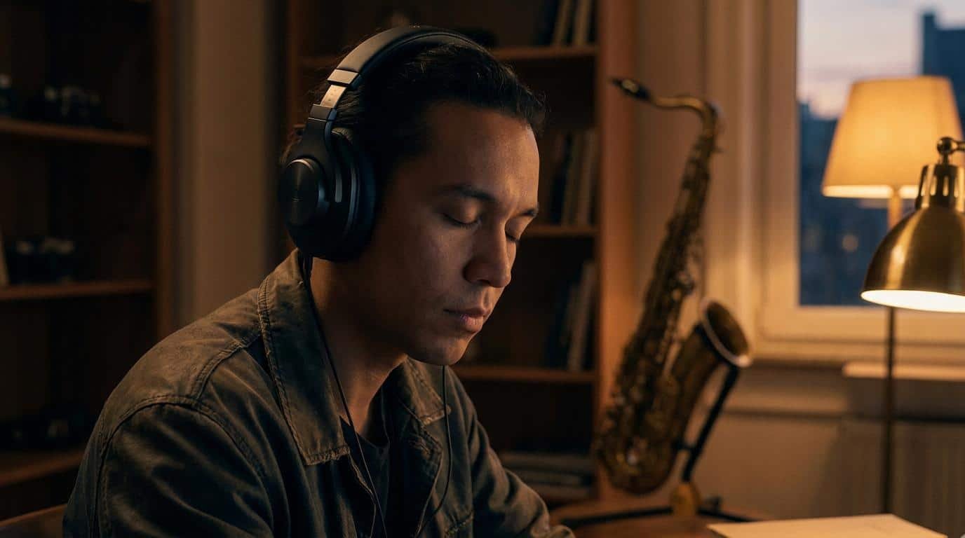 Réussir son relevé de solo jazz Musicien concentré portant un casque audio, avec un saxophone en arrière-plan.