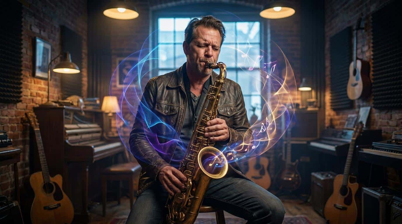Maîtriser l’improvisation jazz « out » Un musicien joue du saxophone dans un studio avec des effets visuels abstraits représentant des ondes sonores et des notes.