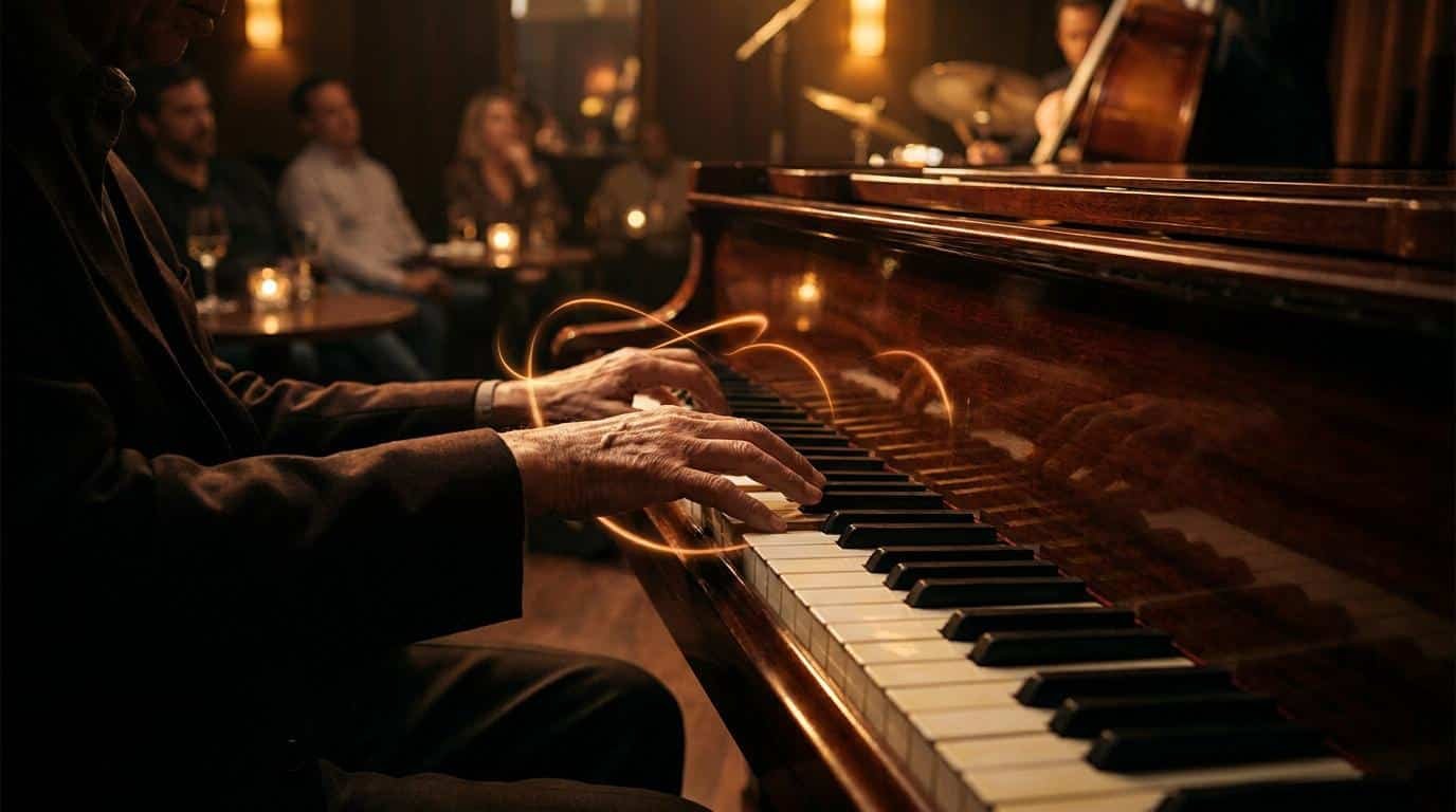 Maîtriser l’improvisation jazz au piano Pianiste jouant du jazz dans un club sombre avec des effets de traînées lumineuses autour de ses mains.