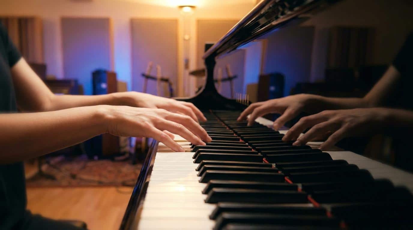 Improviser avec des triades augmentées au piano Gros plan sur des mains jouant sur le clavier d'un piano à queue dans un studio de musique.