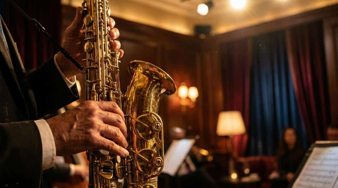 Maîtriser l’improvisation au saxophone ténor Gros plan sur les mains d'un saxophoniste jouant dans une salle de concert feutrée avec un éclairage chaleureux.