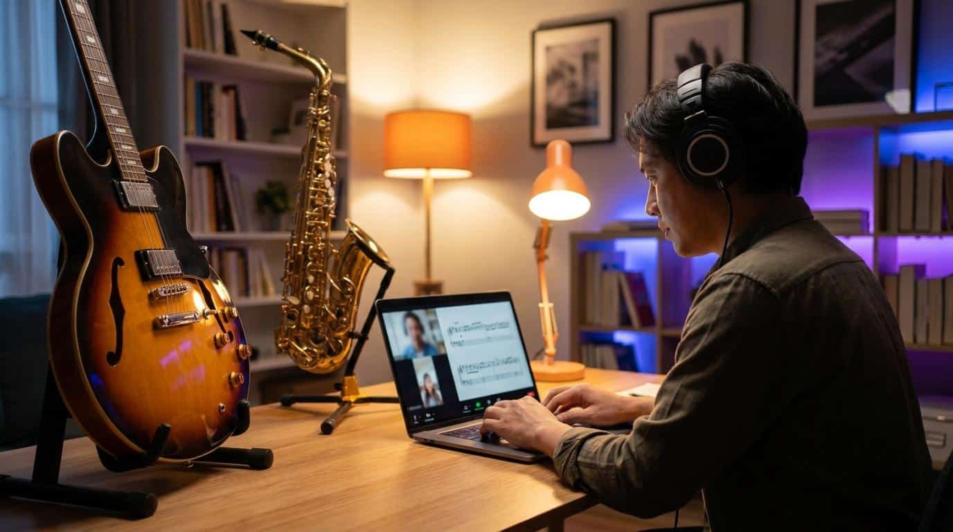 Master-class d’improvisation jazz en ligne Un musicien suit une master-class de jazz en ligne sur son ordinateur portable devant sa guitare et son saxophone.