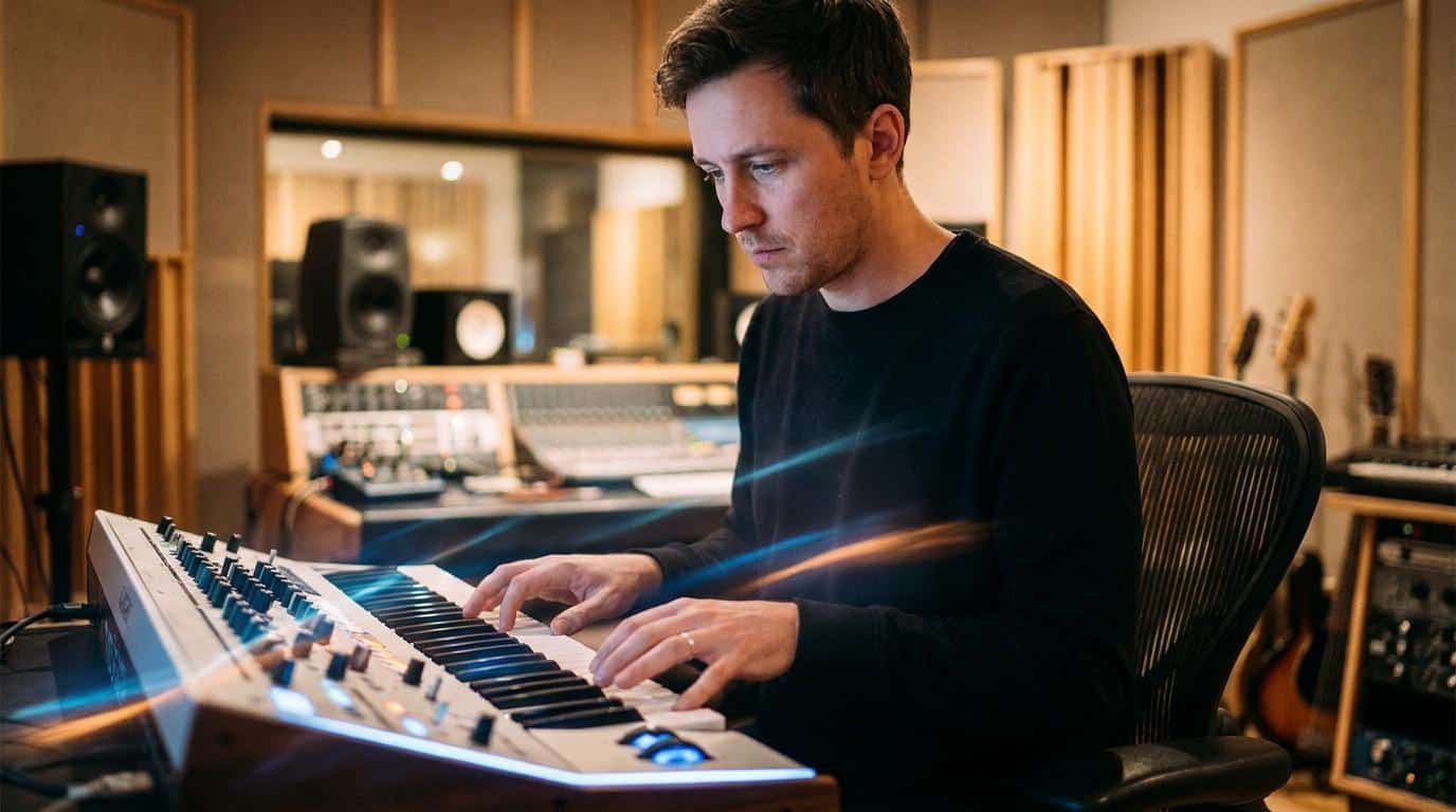 Apprendre l’improvisation musicale au clavier Un musicien concentrĂ© jouant sur un synthĂ©tiseur dans un studio d'enregistrement professionnel.