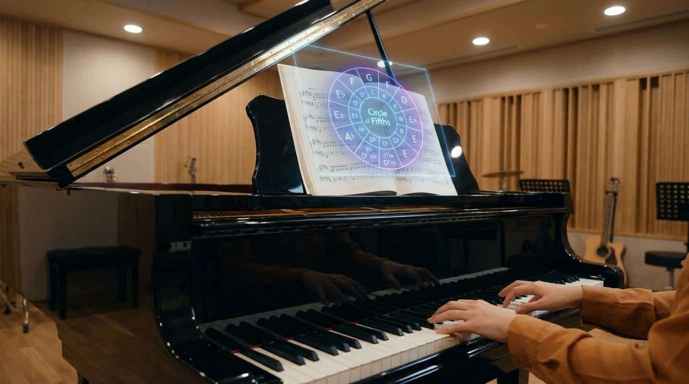 Maîtriser le cycle des quintes au piano Mains jouant du piano avec un hologramme du cycle des quintes au-dessus des touches.