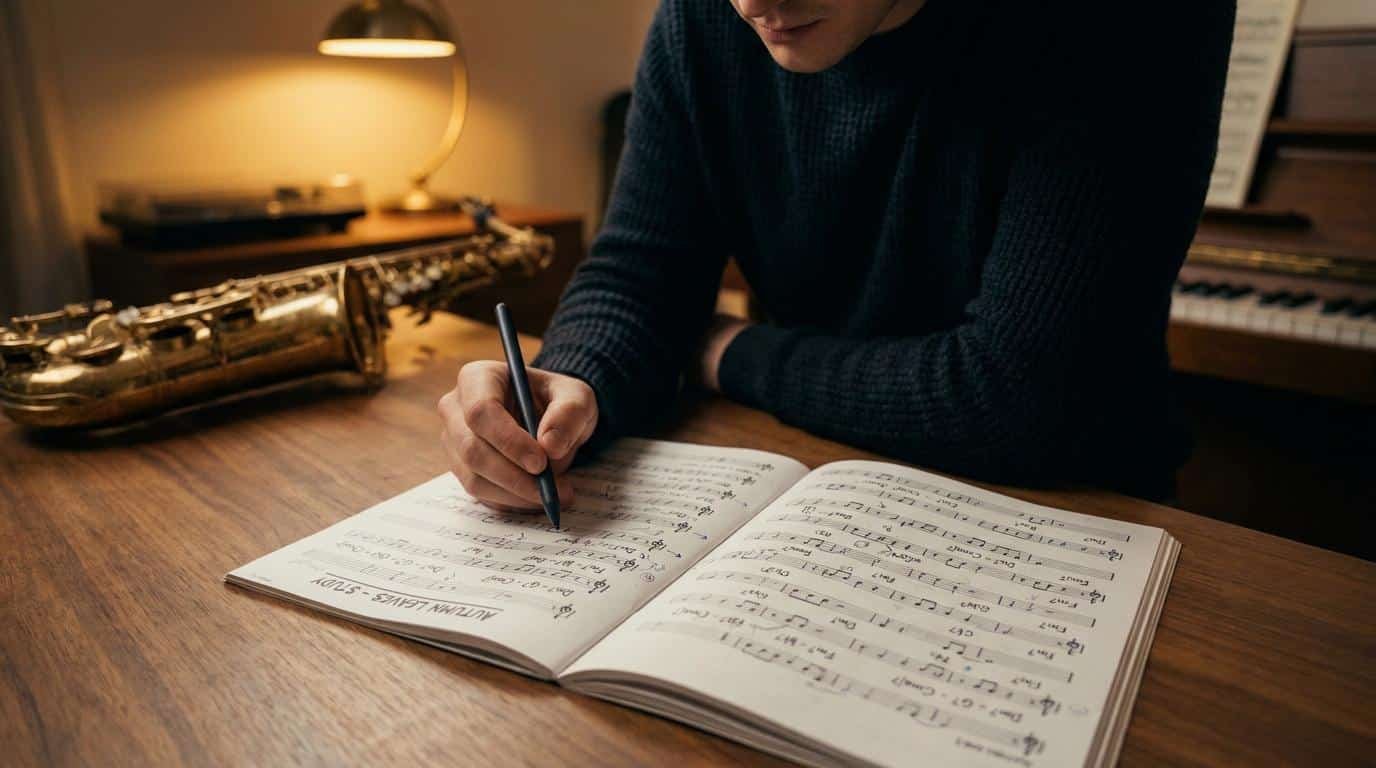 Apprendre à analyser une grille de jazz Musicien travaillant sur une partition de jazz avec un stylet, un saxophone et un piano en arrière-plan.