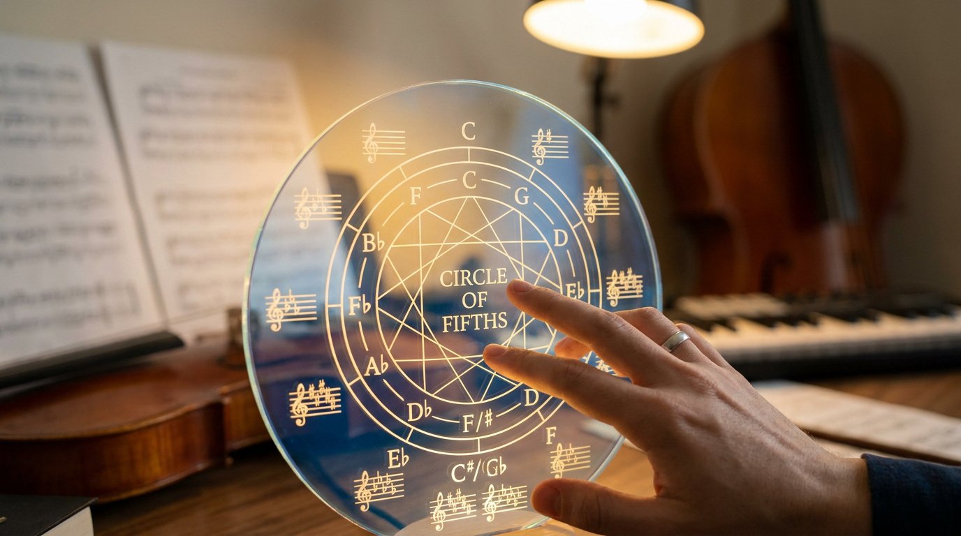 Une main touche un disque transparent illustrant le cycle des quintes dans un studio de musique.