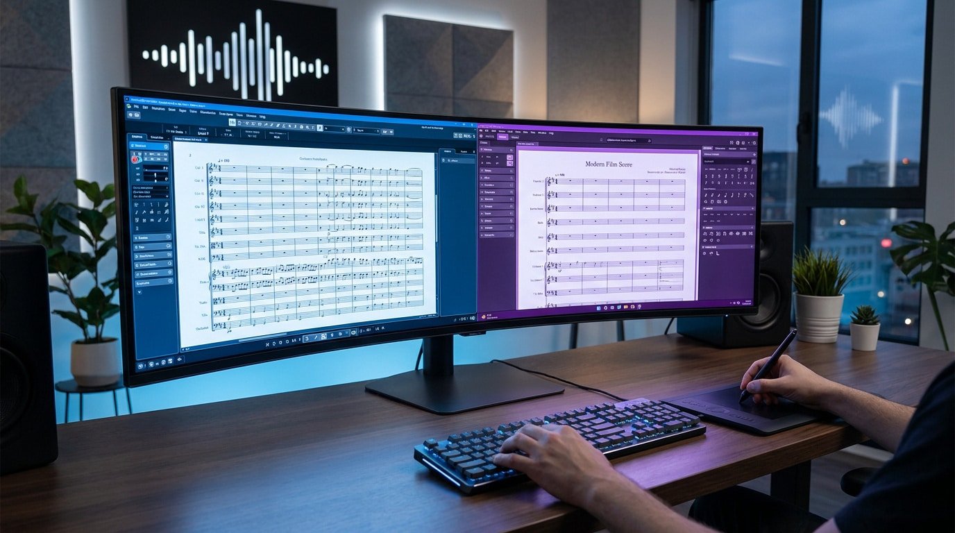 Comparatif 2026 : Logiciels de notation musicale Un compositeur travaillant sur une partition musicale avec un écran ultra-large et une tablette graphique dans un studio.