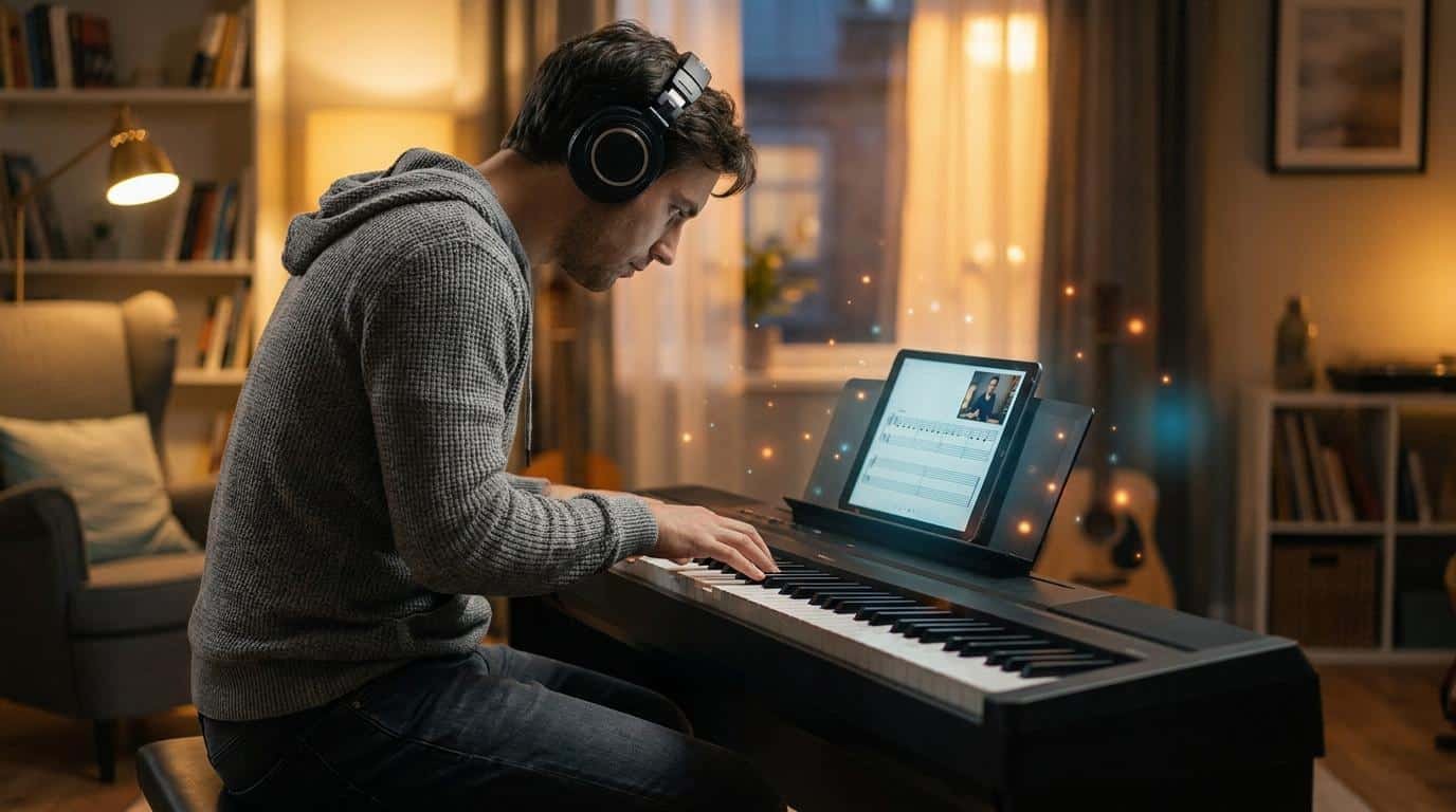 Apprendre le piano jazz en ligne Un homme avec un casque joue du piano électrique en suivant une leçon en ligne sur une tablette dans un salon chaleureux.