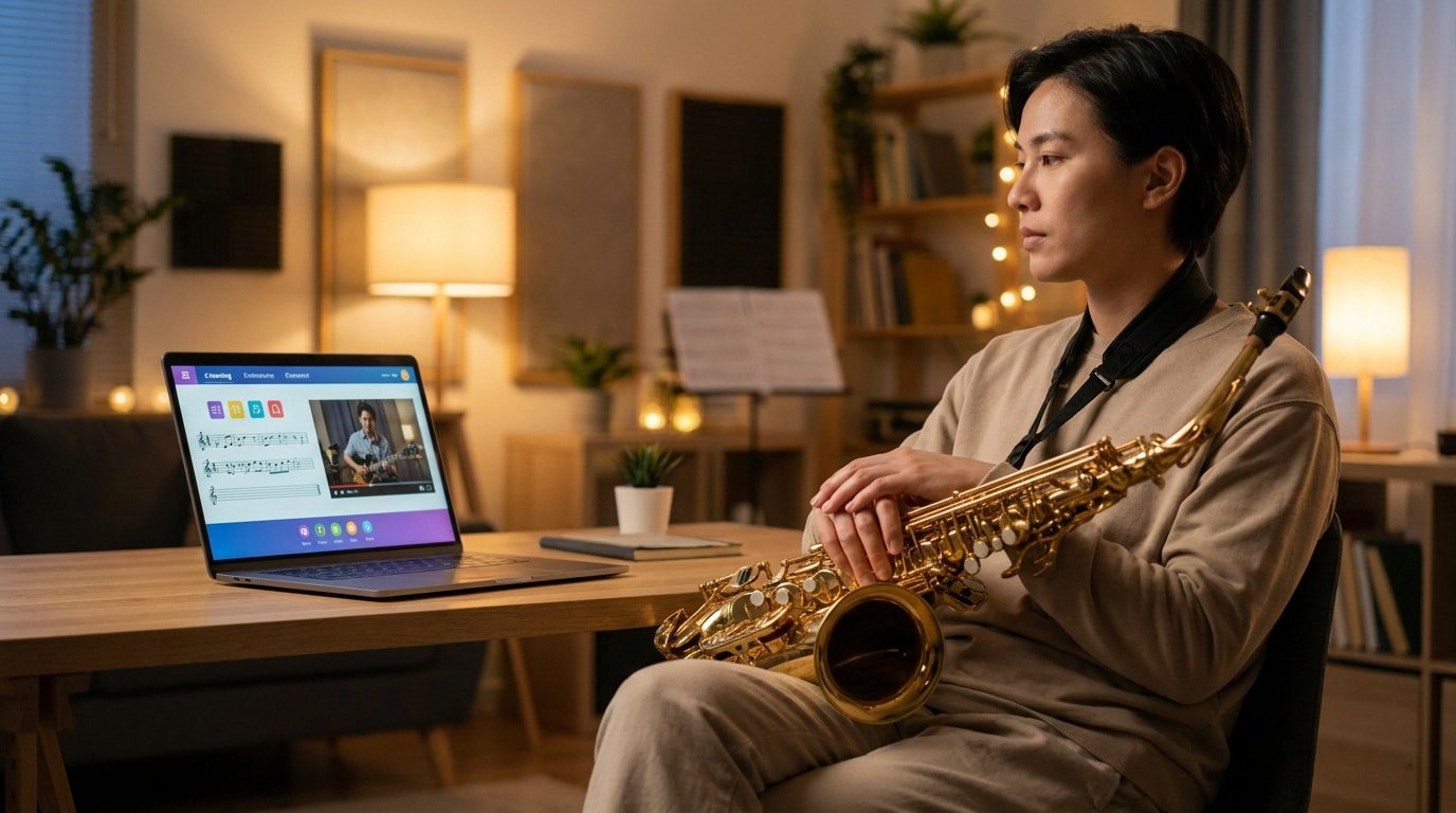 Formation en ligne : Apprendre le saxophone jazz Une personne assise avec un saxophone, regardant un cours de musique en ligne sur son ordinateur portable.