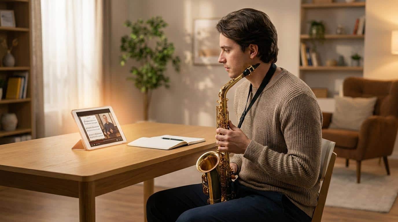 Apprendre le saxophone jazz en ligne Un jeune homme apprend le saxophone en suivant un cours vidéo sur sa tablette dans un salon confortable.