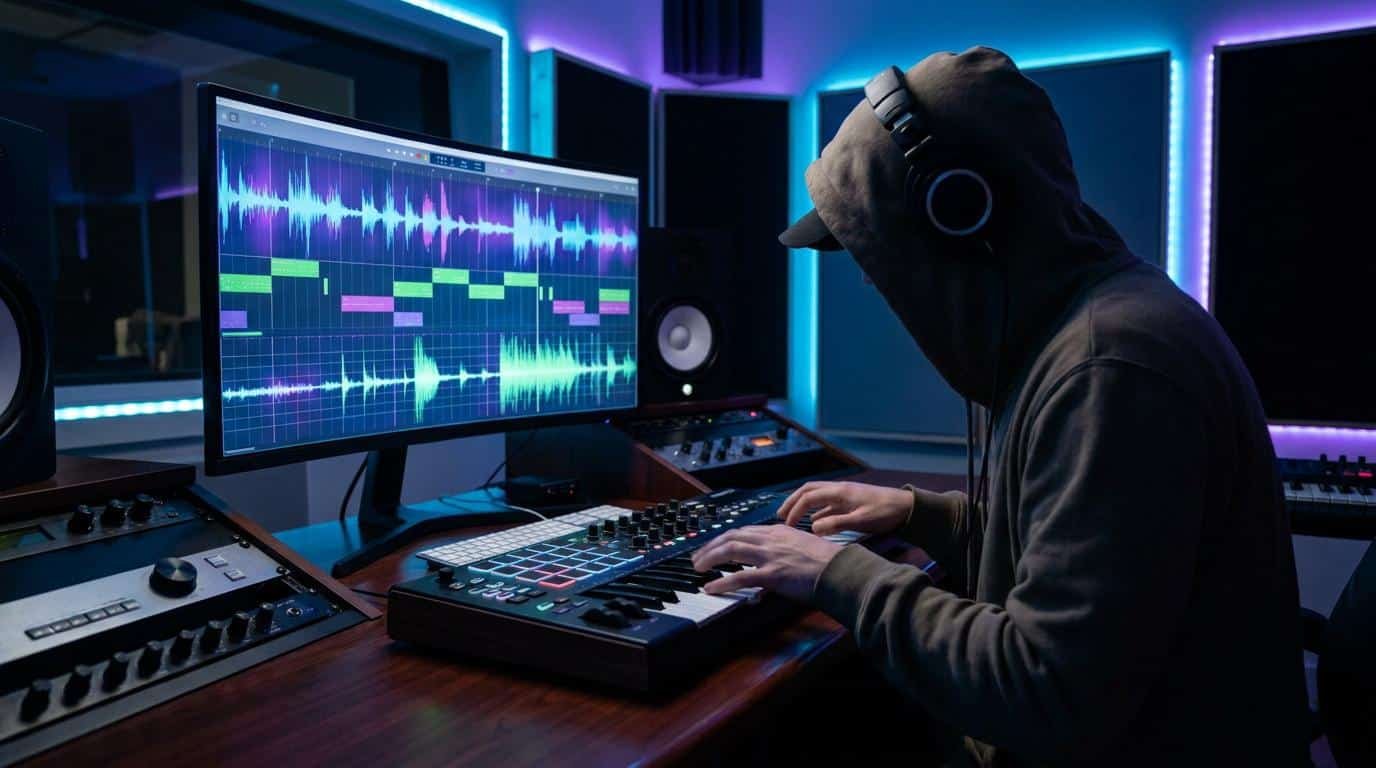 Formation harmonie : créez des mélodies professionnelles Un beatmaker avec un sweat à capuche compose de la musique dans un studio professionnel éclairé par des néons bleus.
