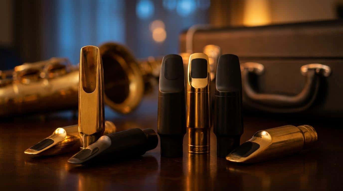 Sélection de becs de saxophone pour le jazz Plusieurs becs de saxophone en métal doré et ébonite noire posés sur une table devant un saxophone et son étui.