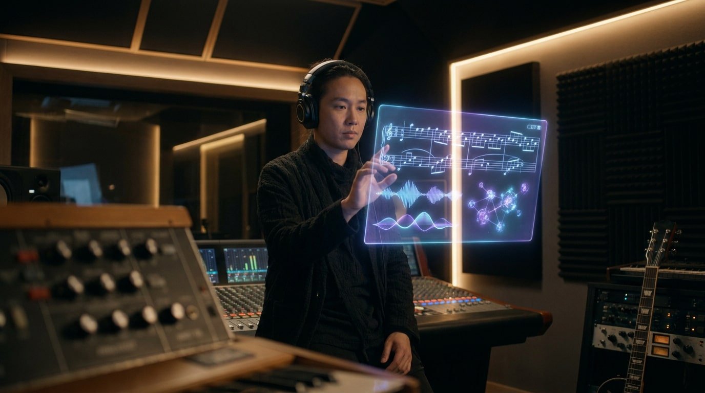 Musique et IA : Une nouvelle ère créative Un musicien manipule une interface holographique affichant des partitions et des ondes sonores dans un studio d'enregistrement.