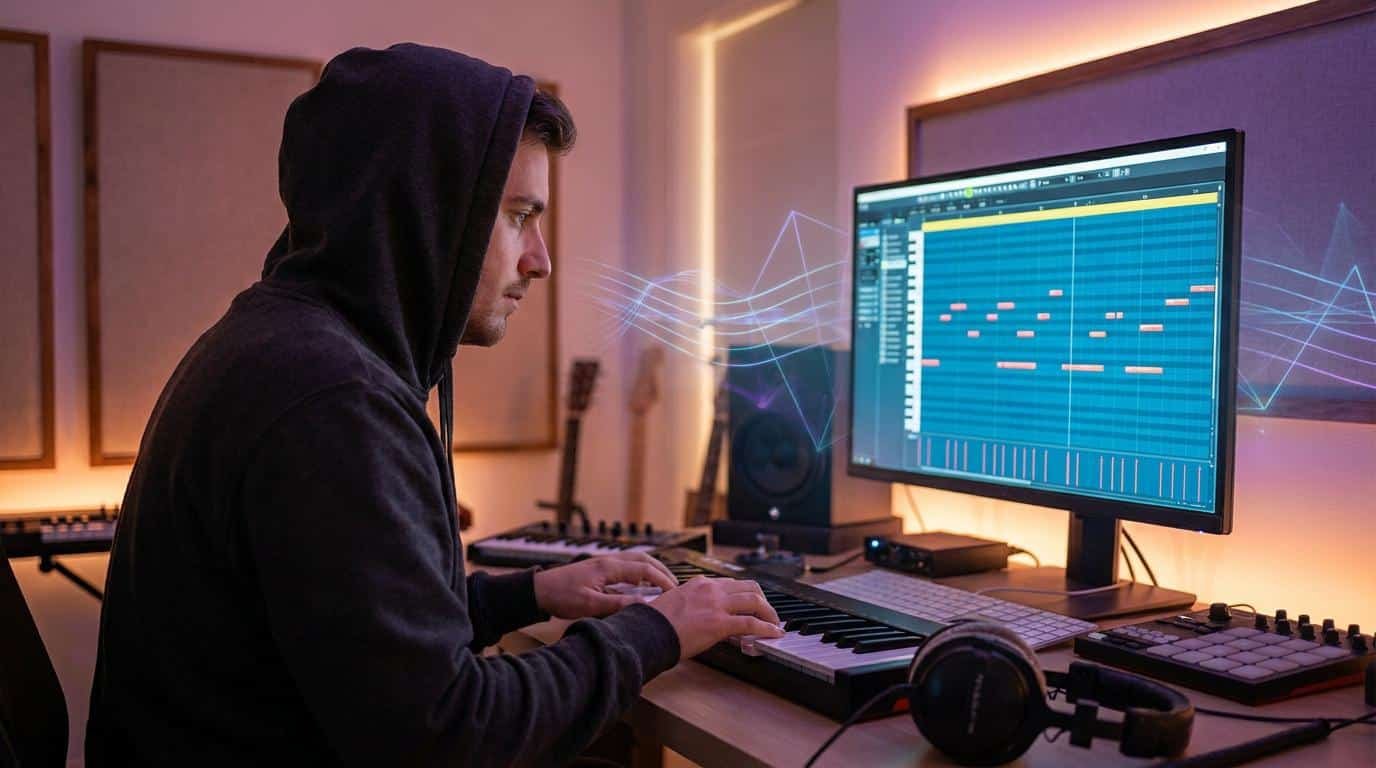 Apprendre le solfège pour le beatmaking Un beatmaker en capuche compose de la musique sur un clavier MIDI devant un écran affichant un logiciel de production.