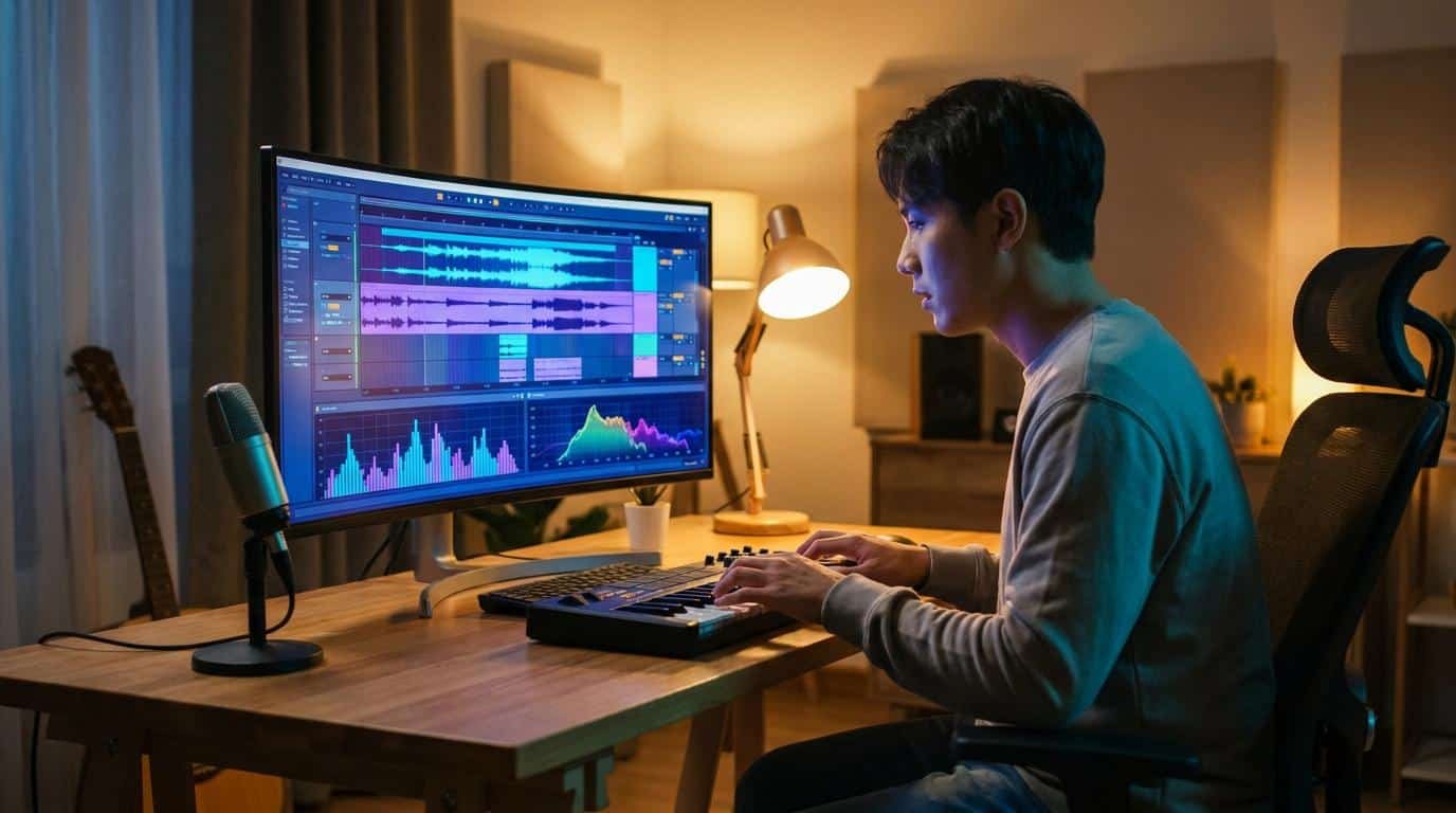 Choisir un logiciel pour l’improvisation musicale Jeune homme utilisant un clavier MIDI et un ordinateur pour composer de la musique dans son studio personnel.