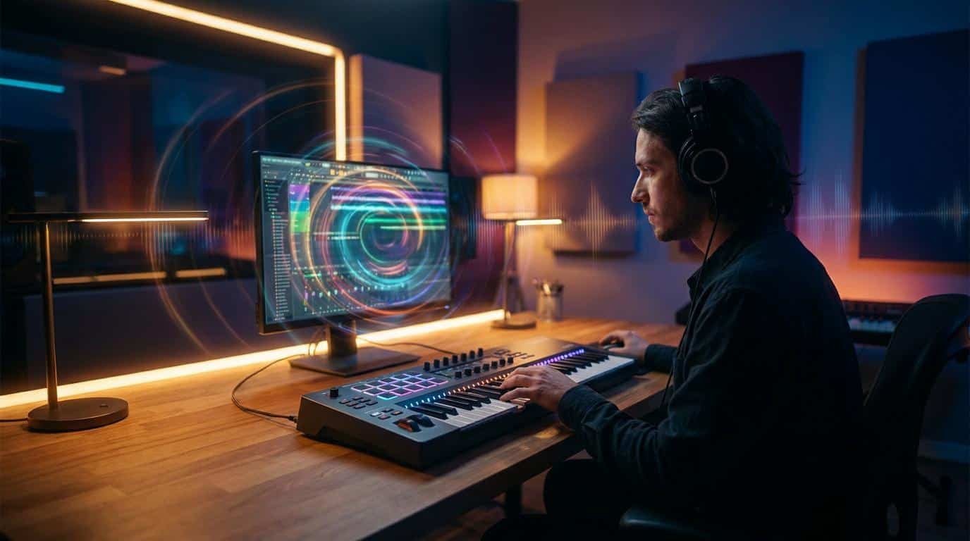 Composer de progressions d’accords en studio Producteur de musique jouant sur un clavier maître devant un écran affichant des ondes sonores abstraites.