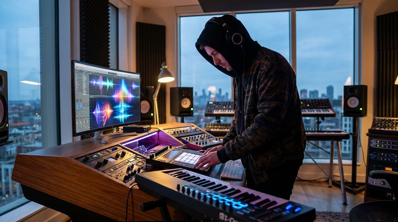 Beatmaker en studio professionnel Beatmaker en hoodie travaillant sur une console de mixage avec un logiciel audio devant une vue sur la ville.
