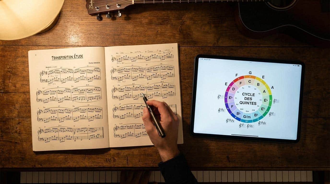 Transposer une partition avec le cycle des quintes Une main tenant un stylo sur une partition musicale à côté d'une tablette affichant un cycle des quintes coloré.