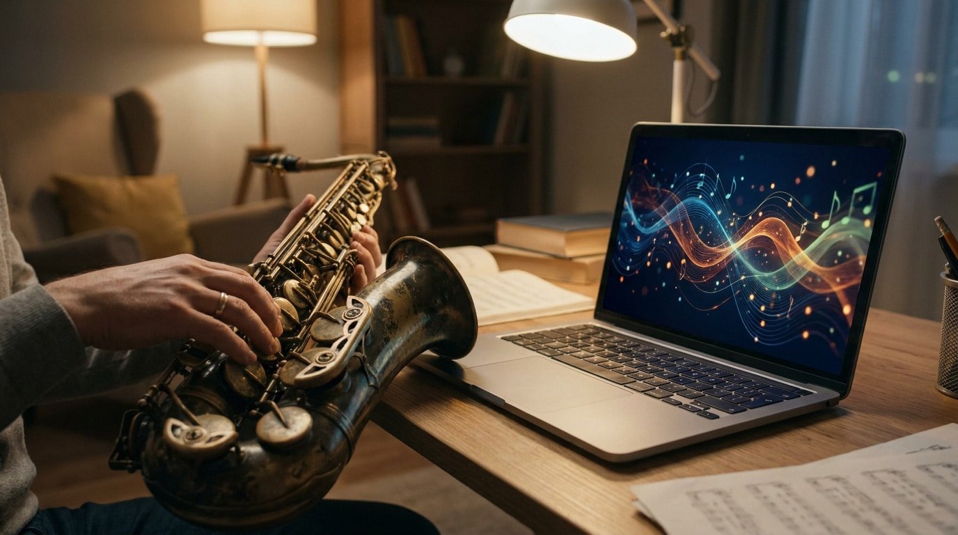 Apprendre l’improvisation jazz en ligne Musicien jouant du saxophone devant un ordinateur portable affichant des ondes musicales colorées.