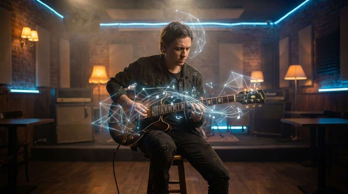 Maîtriser les triades au blues Un guitariste jouant sur scène entouré d'effets visuels numériques représentant des notes et des formes géométriques.