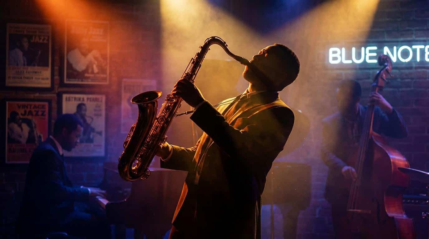 L’improvisation au cĹ“ur du jazz Un saxophoniste jouant sur scène dans un club de jazz, accompagnĂ© par un pianiste et un contrebassiste sous des nĂ©ons.
