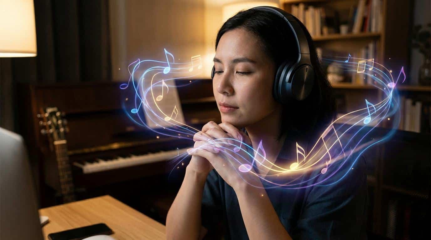 Une femme portant un casque audio, concentrée, avec des notes de musique lumineuses flottant autour d'elle.