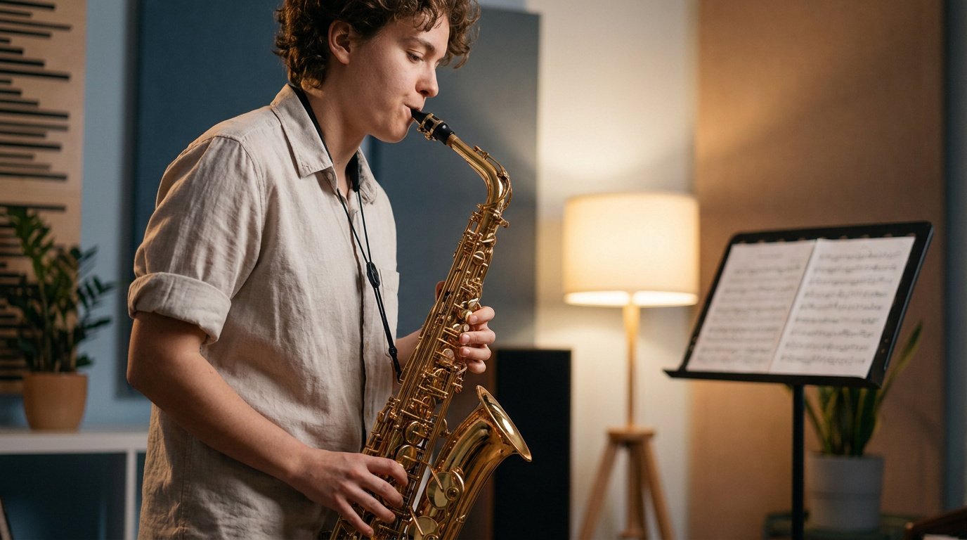 Apprentissage du saxophone : exercices de triades Un jeune musicien jouant du saxophone dans une pièce chaleureuse avec une partition sur un pupitre en arrière-plan.