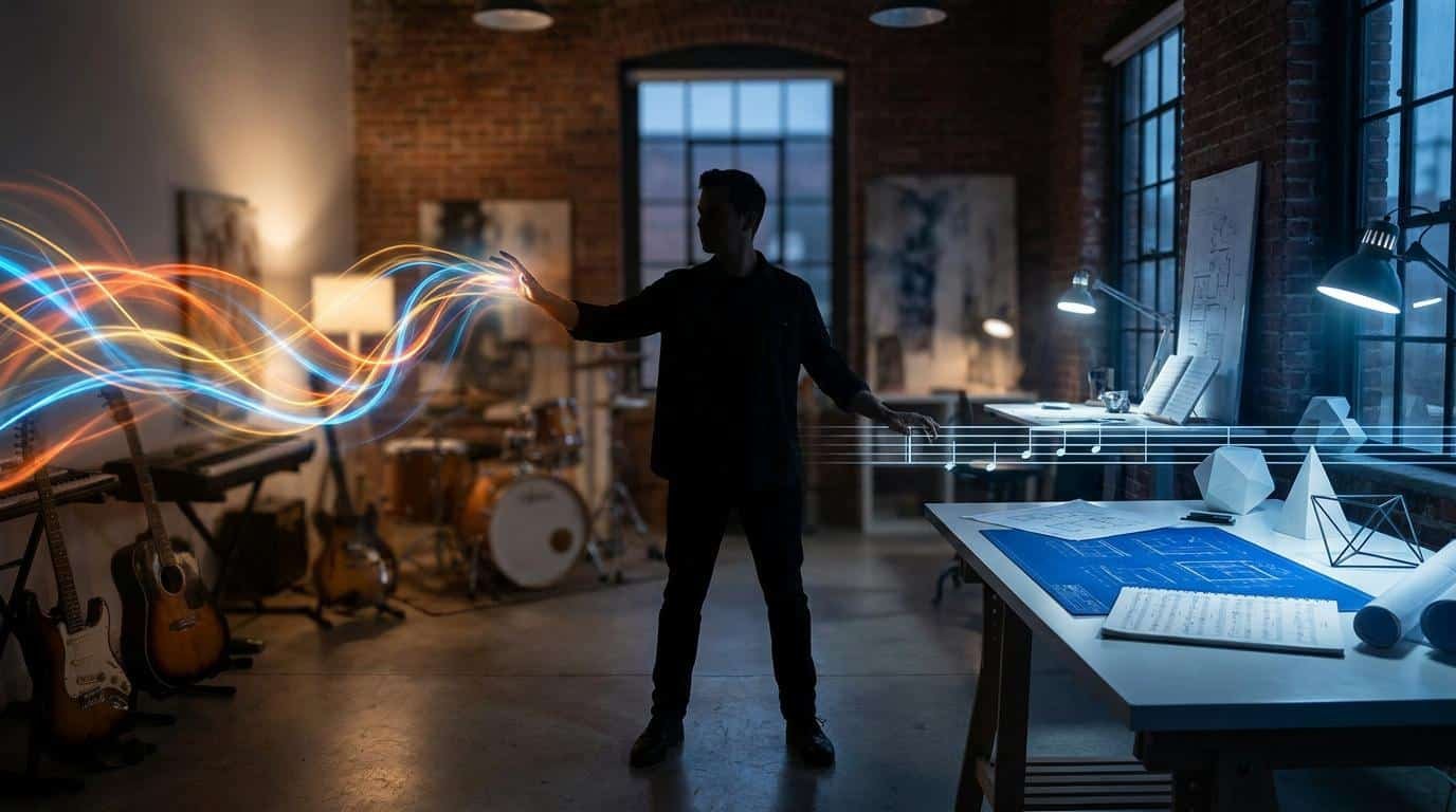 Improvisation contre composition musicale Un musicien manipulant des ondes lumineuses et des partitions dans un studio créatif.