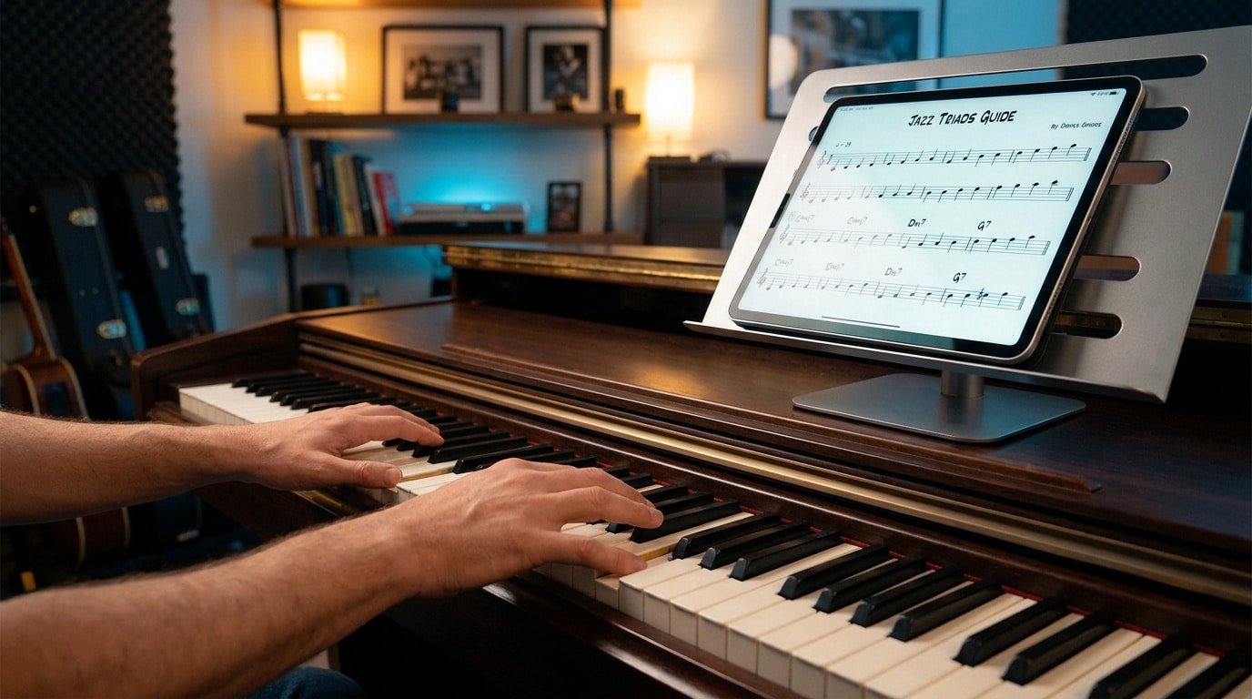 Mains d'un pianiste jouant sur un piano droit avec une tablette affichant une partition de jazz sur un support.