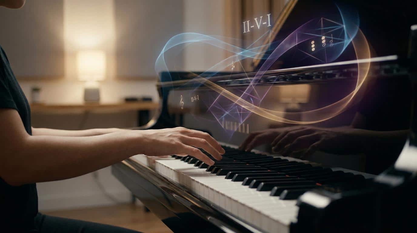 Initiation à l’improvisation musicale au piano Pianiste jouant sur un piano à queue avec des visuels numériques de notes et d'accords flottant au-dessus du clavier.