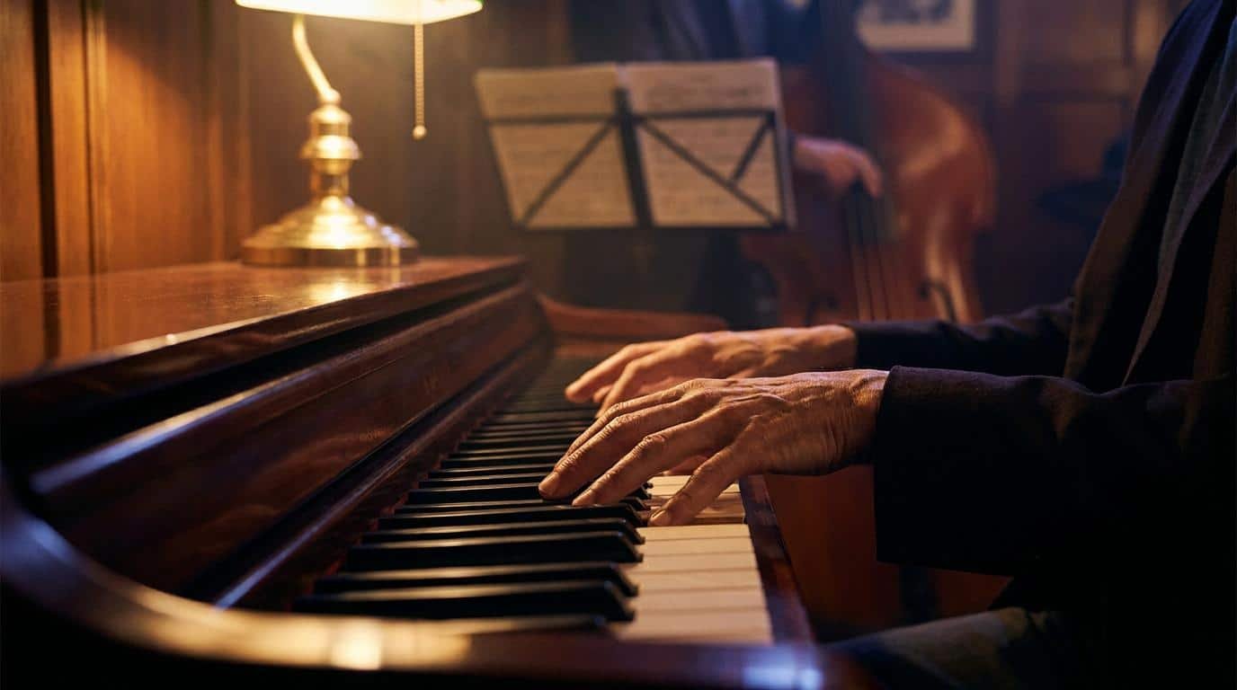 Maîtriser la réharmonisation jazz au piano Gros plan sur les mains d'un pianiste jouant sur un piano à queue, avec une contrebasse en arrière-plan sous une lampe.