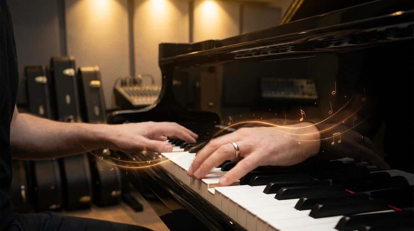 Improvisation au piano sur le mode dorien Mains d'un pianiste jouant sur un piano à queue avec des notes de musique dorées flottant au-dessus des touches.
