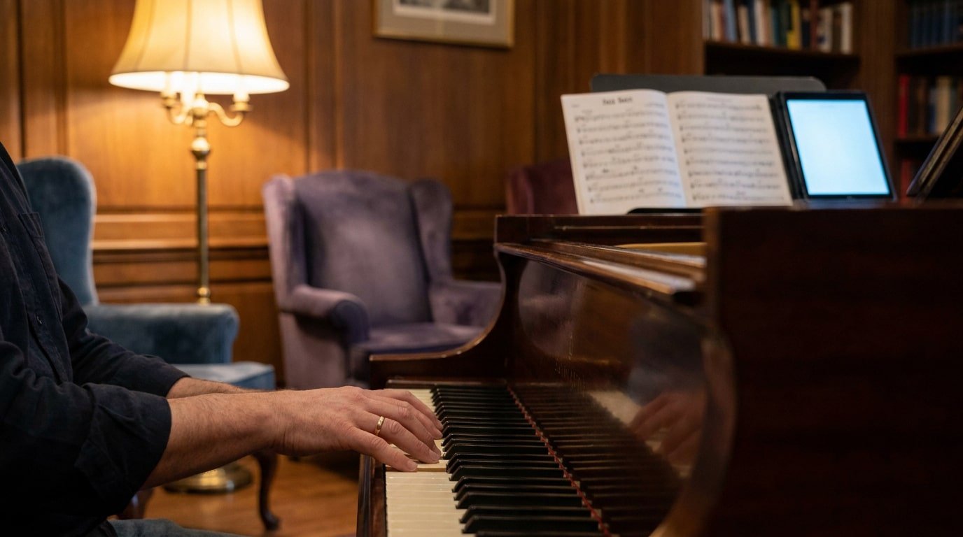 Cours de piano jazz pour débutants Gros plan sur les mains d'un pianiste jouant sur un piano à queue dans un salon élégant et feutré.