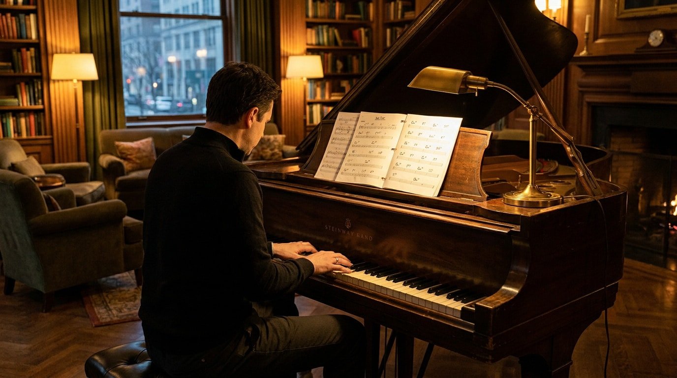 Apprendre le piano jazz dans une ambiance chaleureuse Un pianiste joue d'un piano à queue dans un salon classique avec des partitions sous une lampe de bureau.