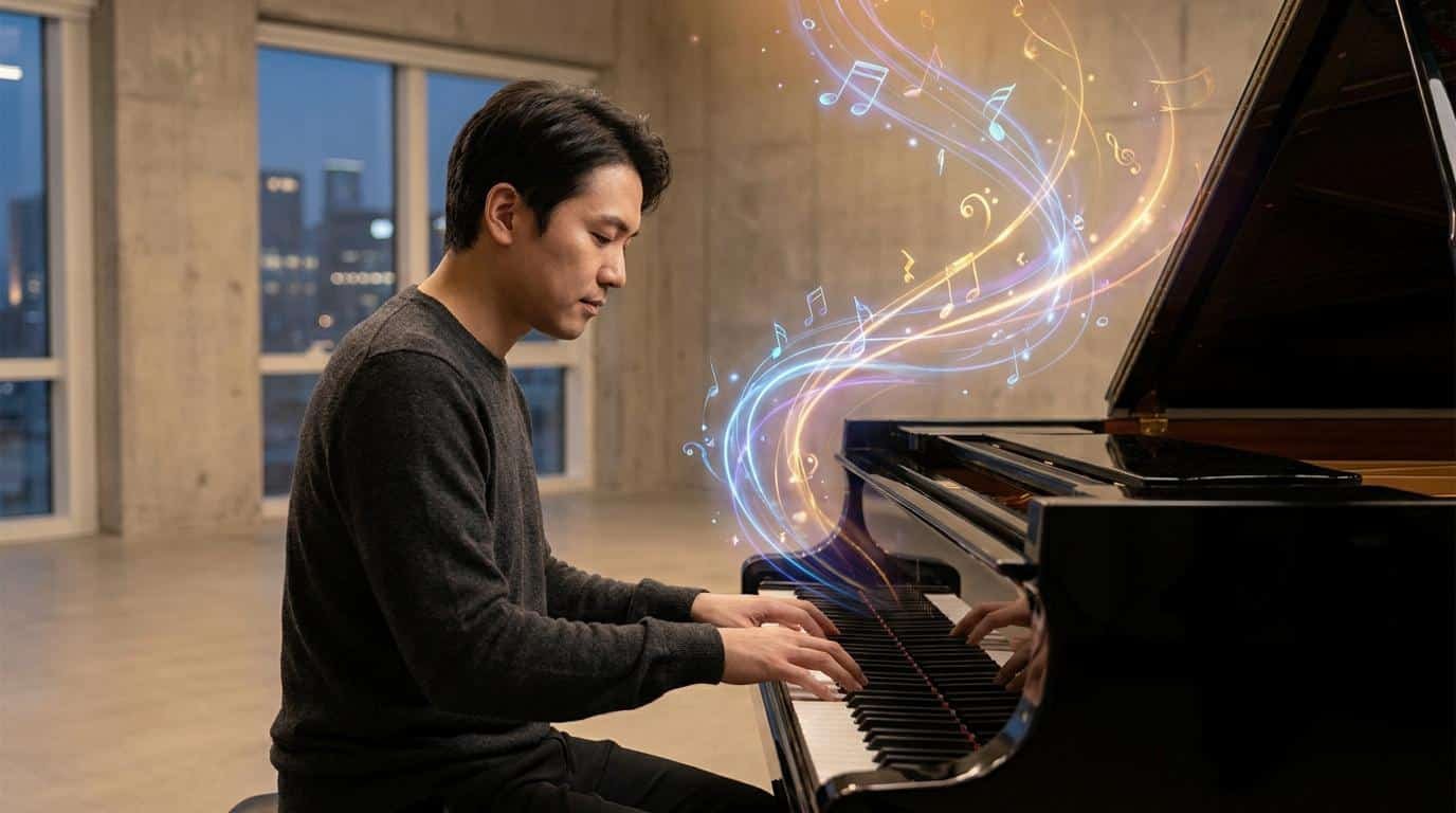 Libérez votre créativité au piano Un pianiste joue dans une pièce moderne avec des notes de musique lumineuses et colorées s'élevant du clavier.